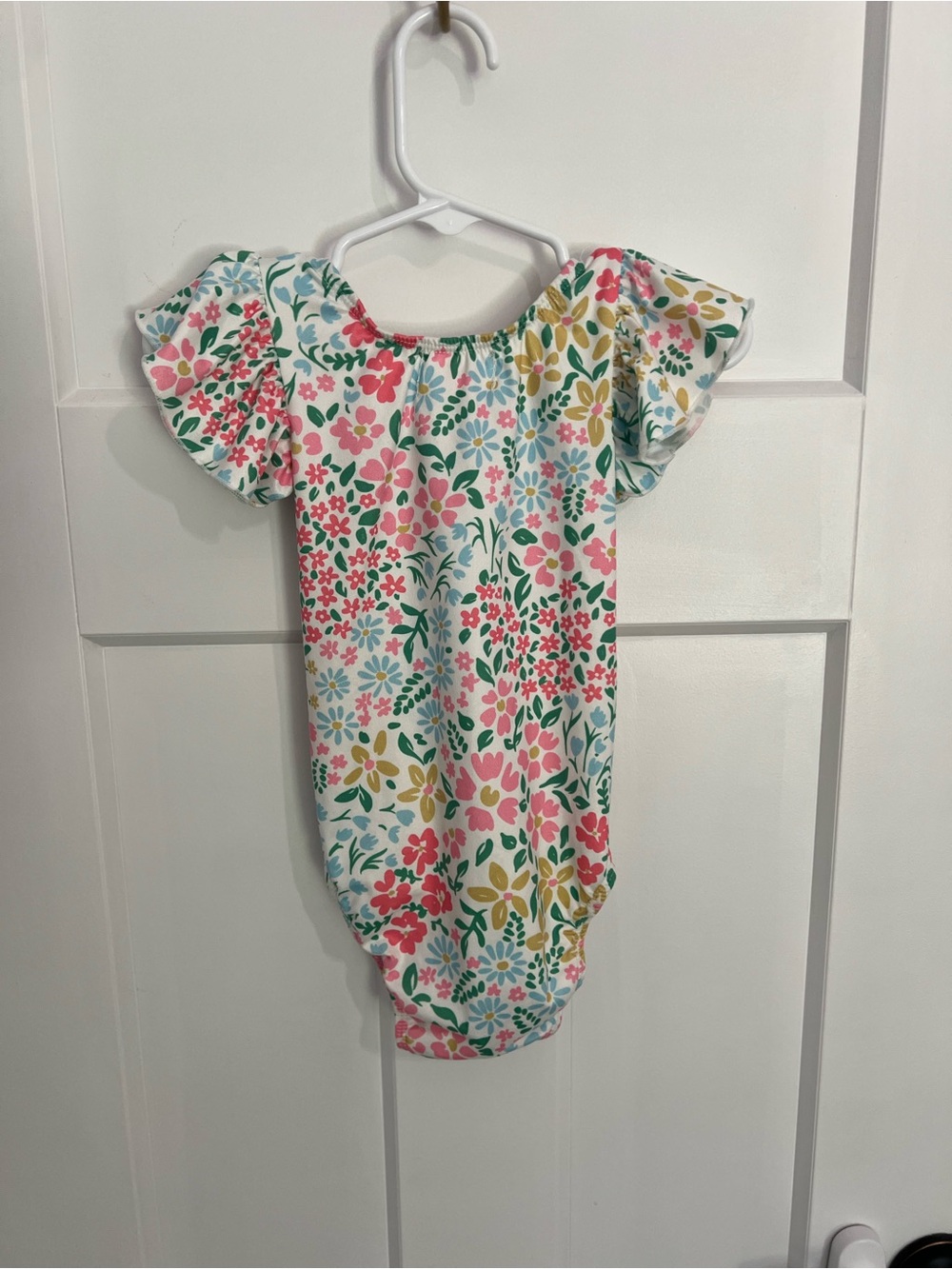 Girls Floral Flutter Sleeve leotard - White with Pink & Green